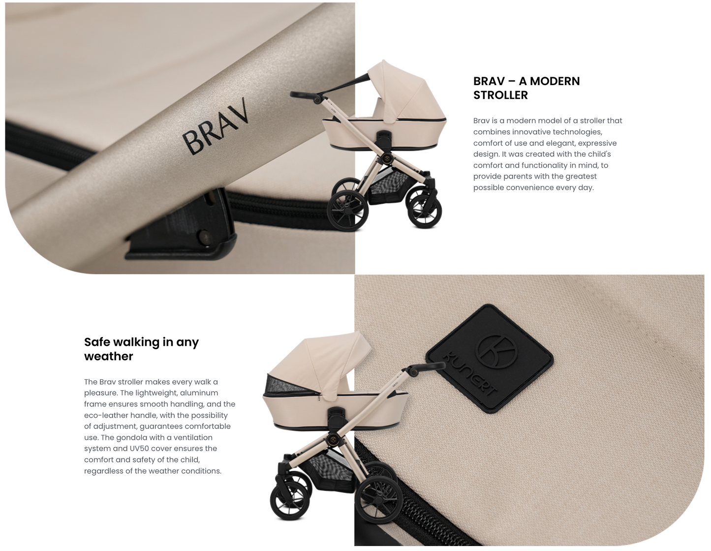 Poussette bébé Kunert Brav 2 en 1/3 en 1/4 en 1 Design luxueux en cuir écologique et textile pour les parents modernes