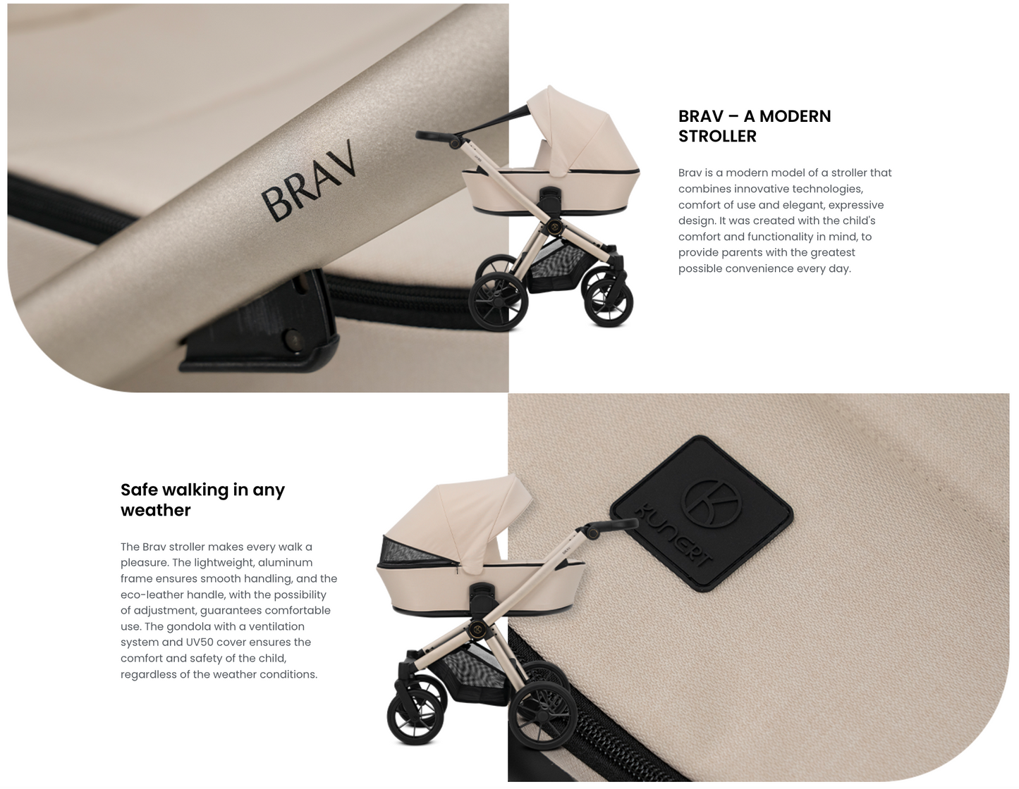 Kunert Brav Baby Stroller 2in1/3in1/4in1 Luxurious Eco Leather & Textile Design for Modern Parents